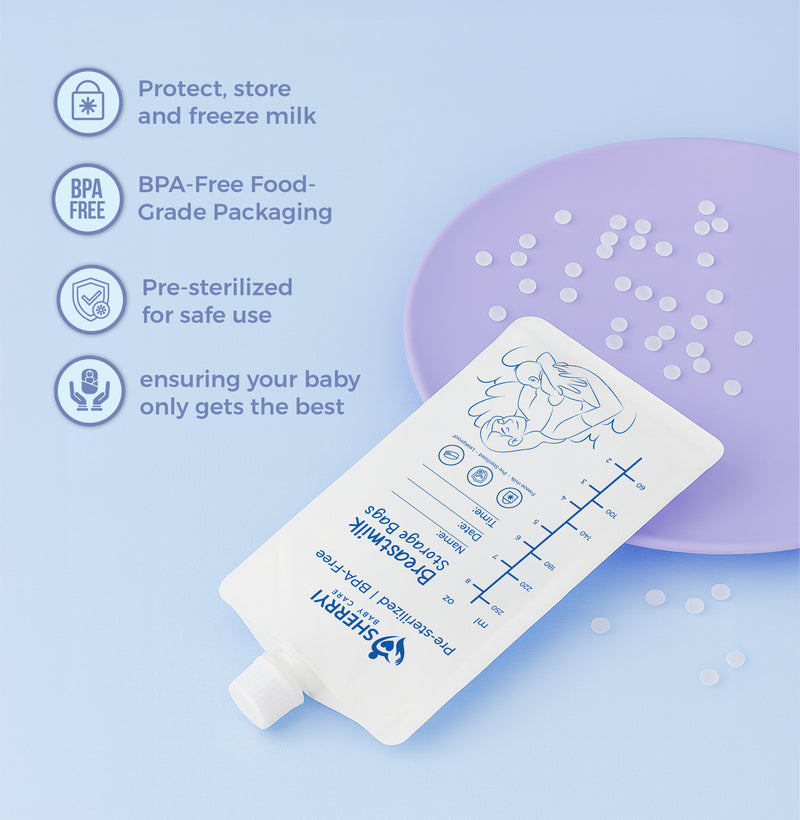 BPA-free milk storage bag with text on a light blue background