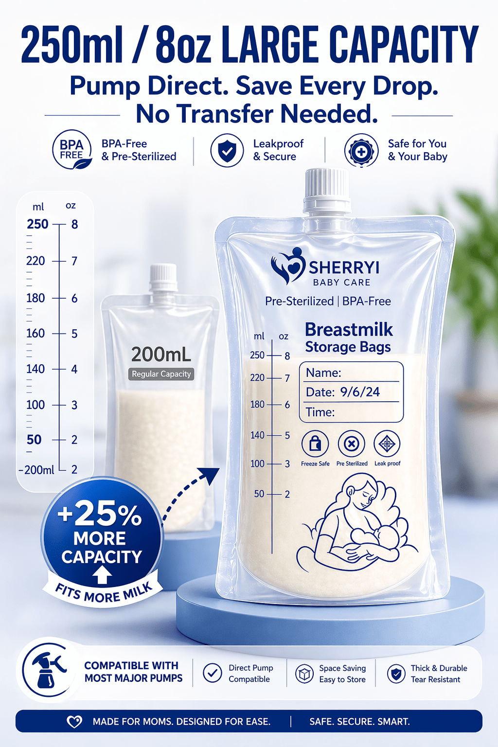 Direct Pump Breast Milk Storage Bags with Adapter (30 Count), Leak-Proof, Pre-Sterilized 8oz/250ml | Sherryi - SherryiBreast milk storage bagsDirect Pump Breast Milk Storage Bags with Adapter (30 Count), Leak-Proof, Pre-Sterilized 8oz/250ml | SherryiSherryiSherryi