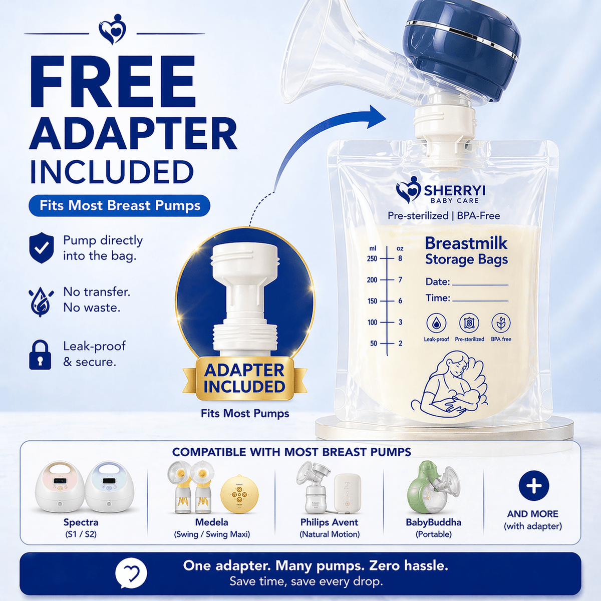 Direct Pump Breast Milk Storage Bags with Adapter (30 Count), Leak-Proof, Pre-Sterilized 8oz/250ml | Sherryi - SherryiBreast milk storage bagsDirect Pump Breast Milk Storage Bags with Adapter (30 Count), Leak-Proof, Pre-Sterilized 8oz/250ml | SherryiSherryiSherryi