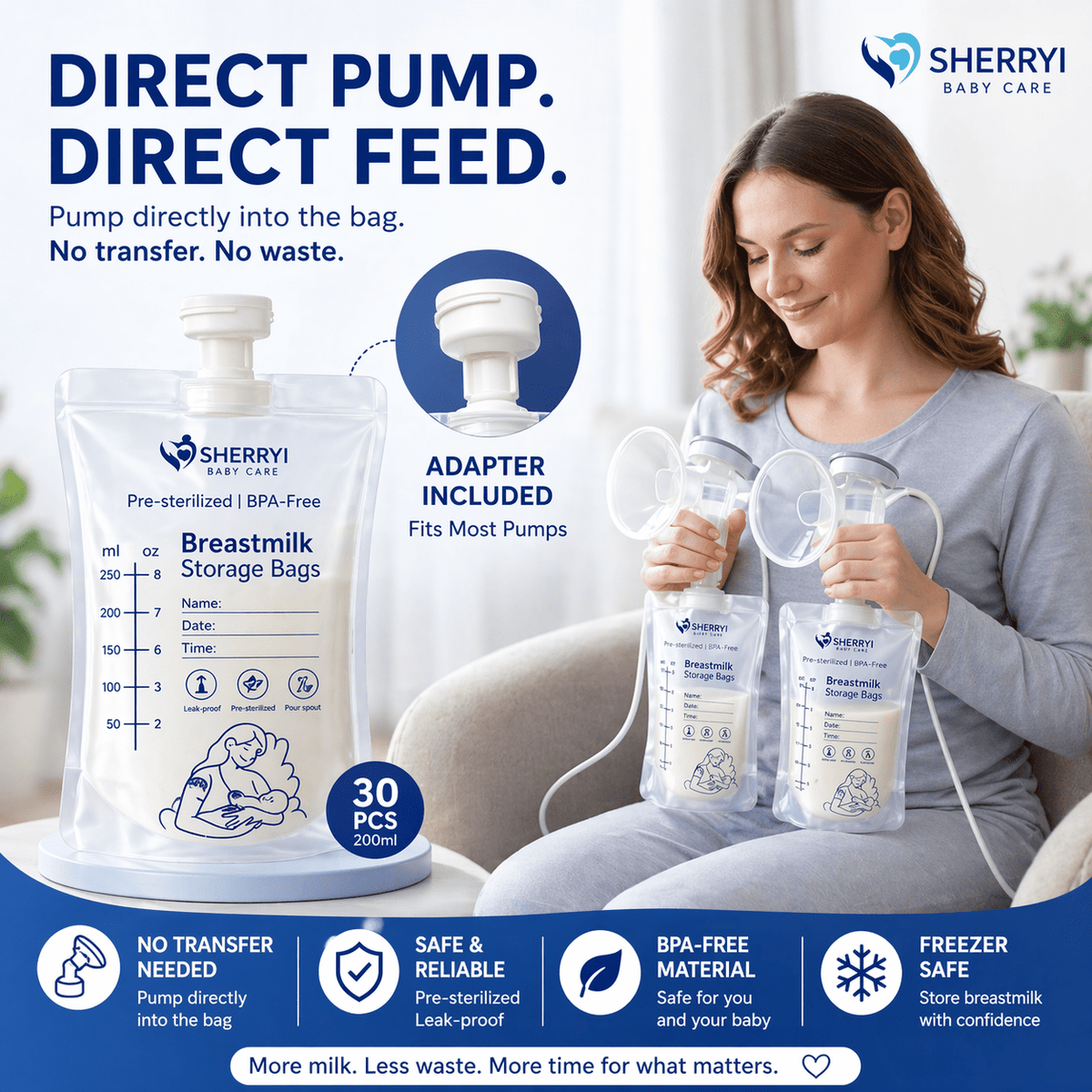 Direct Pump Breast Milk Storage Bags with Adapter (30 Count), Leak-Proof, Pre-Sterilized 8oz/250ml | Sherryi - SherryiBreast milk storage bagsDirect Pump Breast Milk Storage Bags with Adapter (30 Count), Leak-Proof, Pre-Sterilized 8oz/250ml | SherryiSherryiSherryi